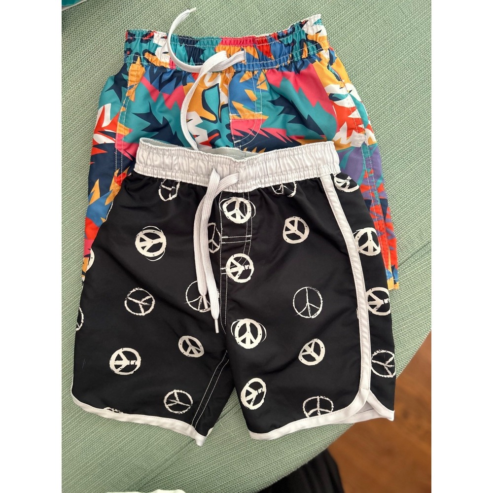Lot Of 2 Wes Willy Boys 4T Swim Trunk Shorts Tropical Peace Black White EUC